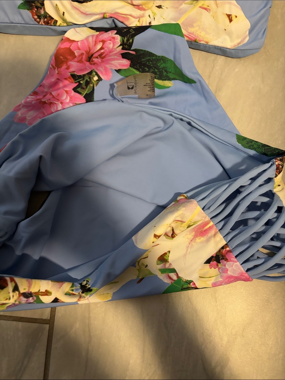 Women’s TiniBikini Light Blue Floral Strappy Two-Piece High Rise Bottoms - Picture 5 of 10